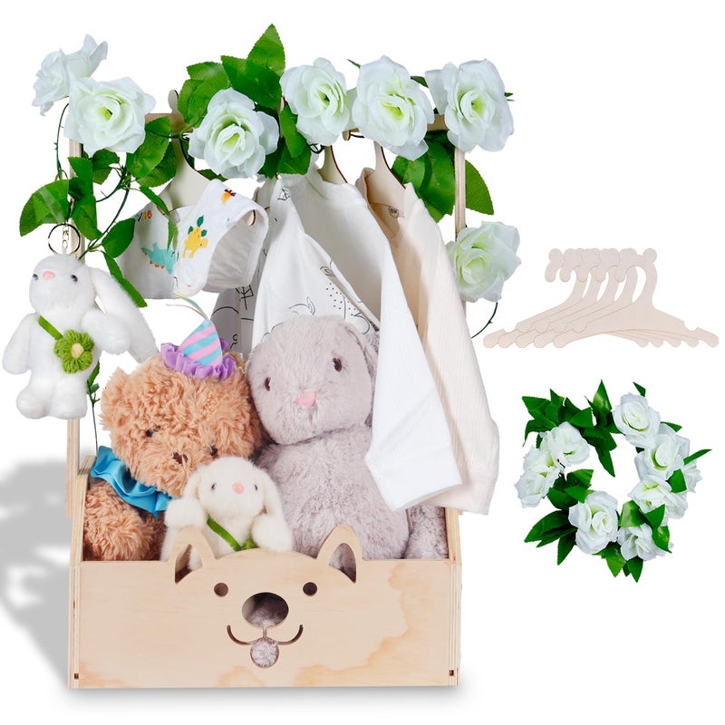 efluky Wooden Baby Shower Crate Closet with Handle, Baby Shower Basket Bear Crate Box, Newborn Boy Girl Welcome Gift Basket,Easy Assembly Baby Baskets for Baby Shower - Image 1